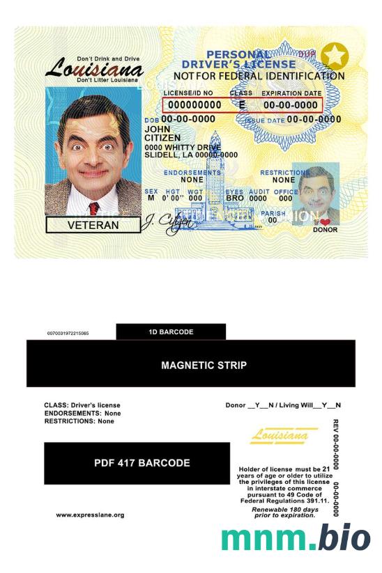 Szablon prawa jazdy USA Louisiana w formacie PSD, ze wszystkimi czcionkami